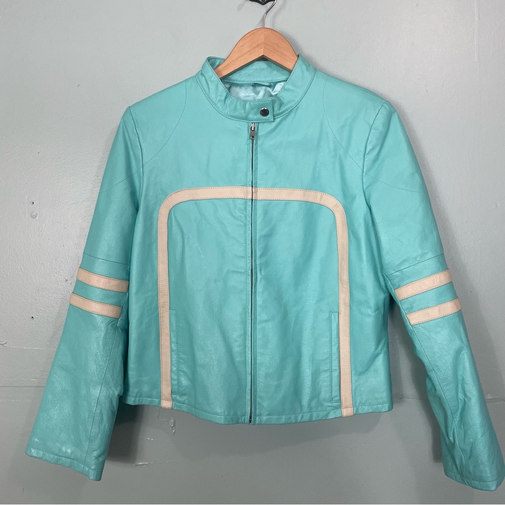 Vintage Wilson Leather Jacket Women Large Teal Motor Biker Stripe Racing